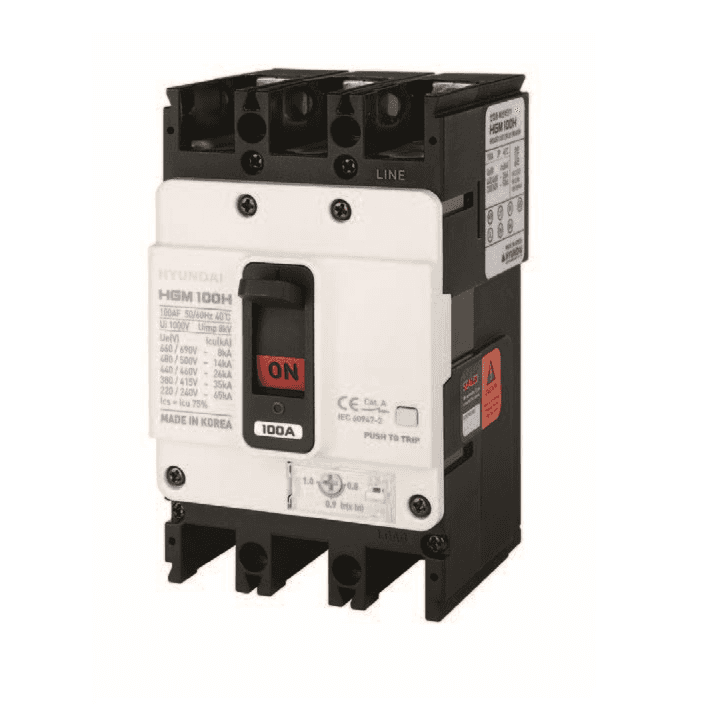 Interruttore automatico in scatola stampata Hyundai HGM100 3P 32A 690V con riferimento HGM100-H3P032F del marchio HYUNDAI