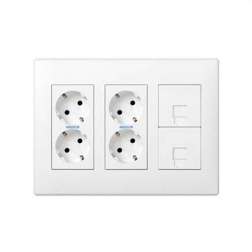 Kit scatola parete da superficie o incasso per 3 elementi doppi con 2 prese doppie e 2 placche 1 RJ45 bianco Simon 500 Cima con riferimento 51000301-030 del marchio SIMON