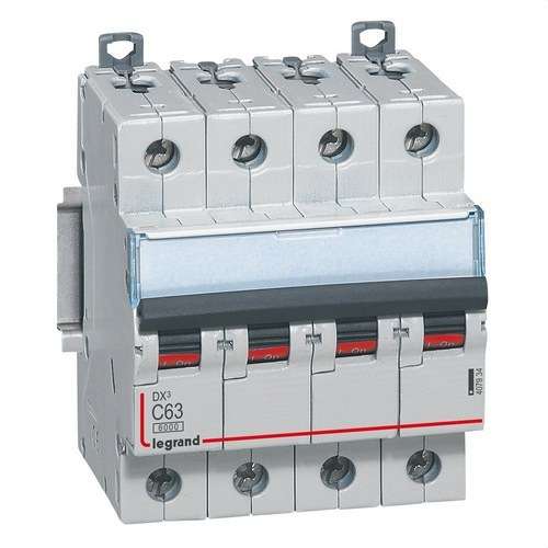 Interruttore magnetotermico DX3 4P 63A Curva C 6/10kA con riferimento 407934 del marchio LEGRAND
