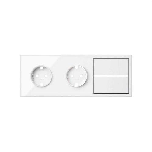 Kit frontale per 3 elementi con 2 prese Schuko e 2 pulsanti bianco brillante Simon 100 con riferimento 10020310-130 del marchio SIMON